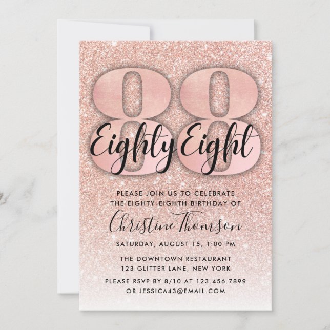 Rose Gold Glitter 88th Birthday Invitation (Front)