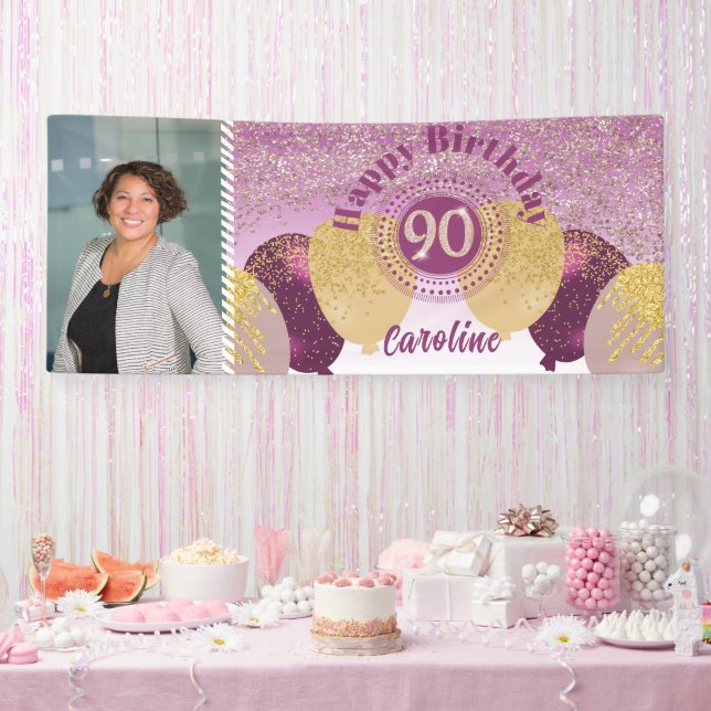 Rose Gold Glitter 90th Birthday & Balloons  Banner (Party)