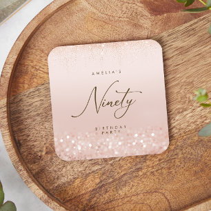 Rose Gold Glitter 90th Birthday Party Square Paper Coaster