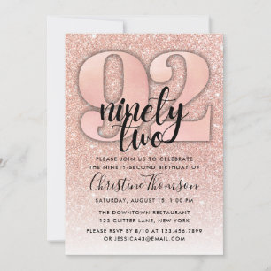 Rose Gold Glitter 92nd Birthday Invitation