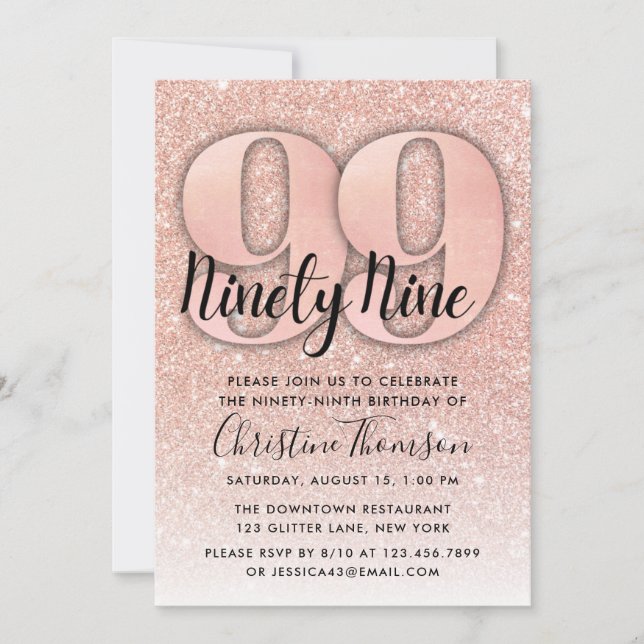 Rose Gold Glitter 99th Birthday Invitation (Front)