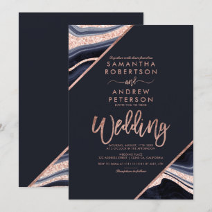 Rose gold glitter agate marble typography wedding invitation