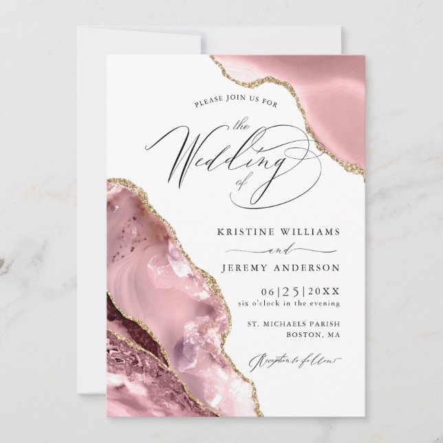 Rose Gold Glitter Agate Script Luxury Wedding Invitation (Front)