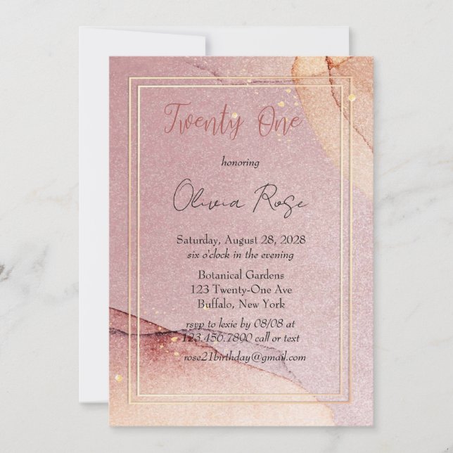 Rose Gold Glitter Alcohol Ink 21st Birthday Party Invitation (Front)