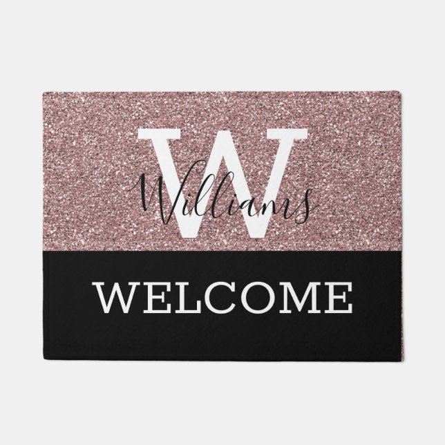 Rose Gold Glitter And Black Monogram Name Wedding Doormat (Front)