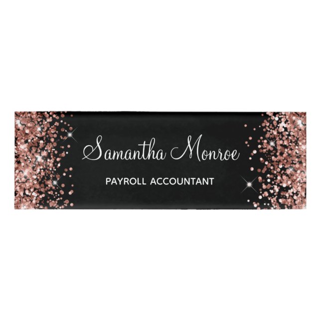 Rose Gold Glitter and Black Name Tag (Front)