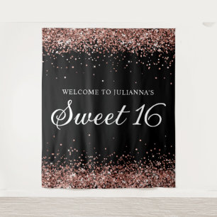 Rose Gold Glitter and Black Sweet 16 Welcome Tapestry