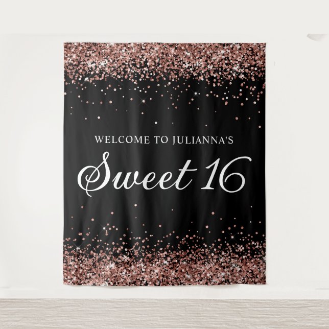 Rose Gold Glitter and Black Sweet 16 Welcome Tapestry (Front)