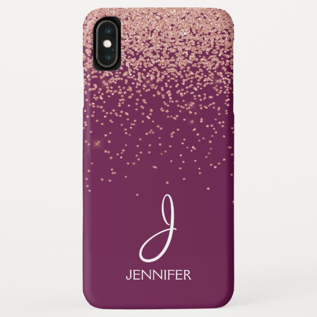 Rose Gold Glitter and Burgundy Monogrammed Case-Mate iPhone Case (Back)