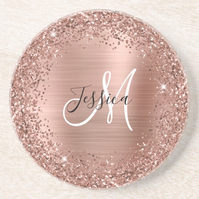 Rose Gold Glitter and Foil Girly Glam Monogram Coaster (Front)