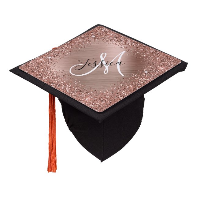 Rose Gold Glitter and Foil Girly Glam Monogram Graduation Cap Topper (Angled)