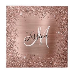 Rose Gold Glitter and Foil Girly Glam Monogram Tile