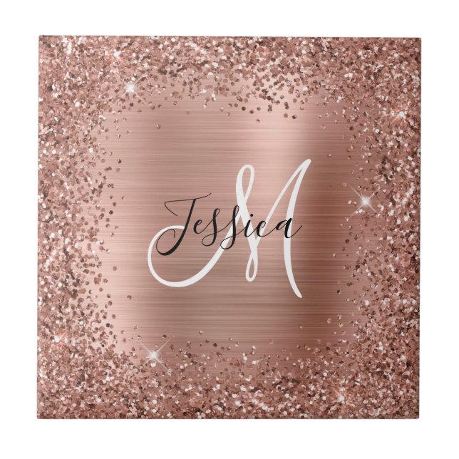 Rose Gold Glitter and Foil Girly Glam Monogram Tile (Front)