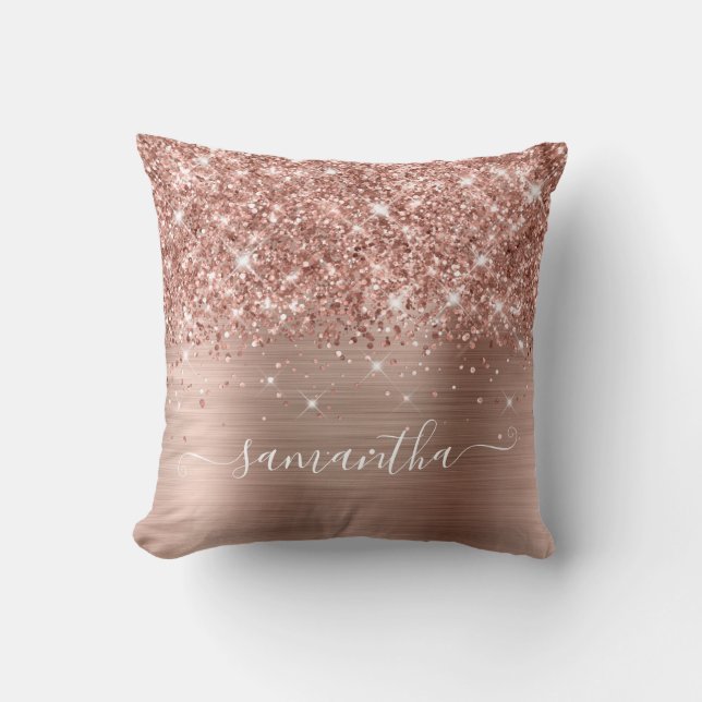 Rose Gold Glitter and Foil Girly Signature Throw Pillow (Front)
