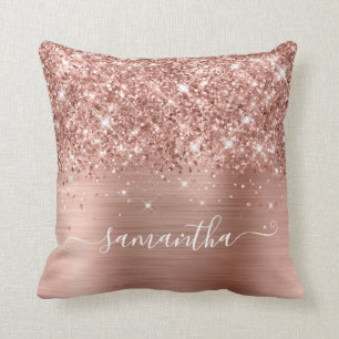 Rose Gold Glitter and Foil Girly Signature Throw Pillow