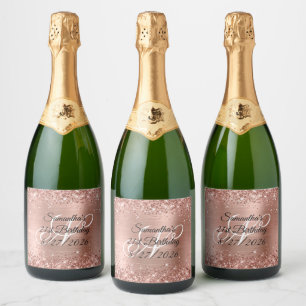 Rose Gold Glitter and Foil Monogram 21st Birthday Sparkling Wine Label