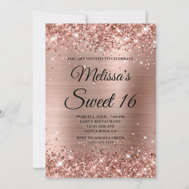 Rose Gold Glitter and Foil Sweet 16 Fancy Monogram Invitation (Front)