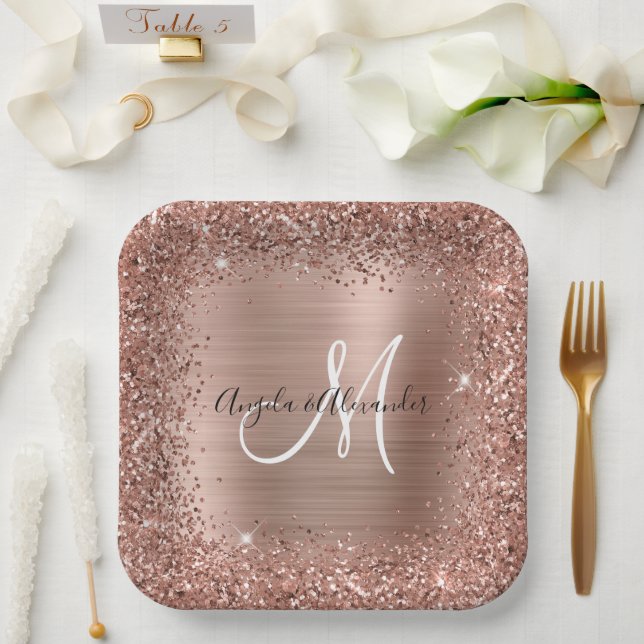 Rose Gold Glitter and Foil Wedding Monogrammed Paper Plate (Wedding)