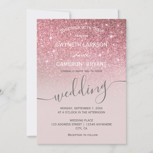 Rose gold  glitter and Grey Tone invitation (Front)