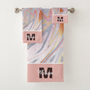 Rose gold glitter and marble personalized bath towel set
