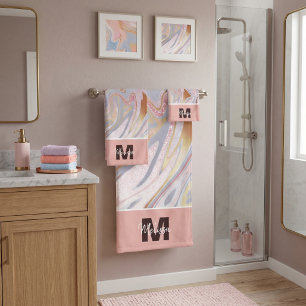 Rose gold glitter and marble personalized bath towel set