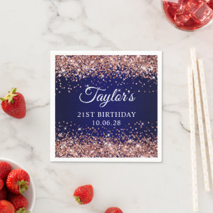 Rose Gold Glitter and Navy Blue 21st Birthday Napkin