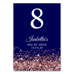 Rose Gold Glitter and Navy Blue Mis XV Anos Table Number