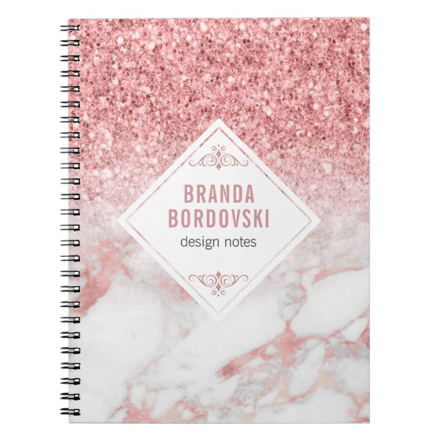Rose Gold Glitter and rose-gold marble ombre Notebook (Front)