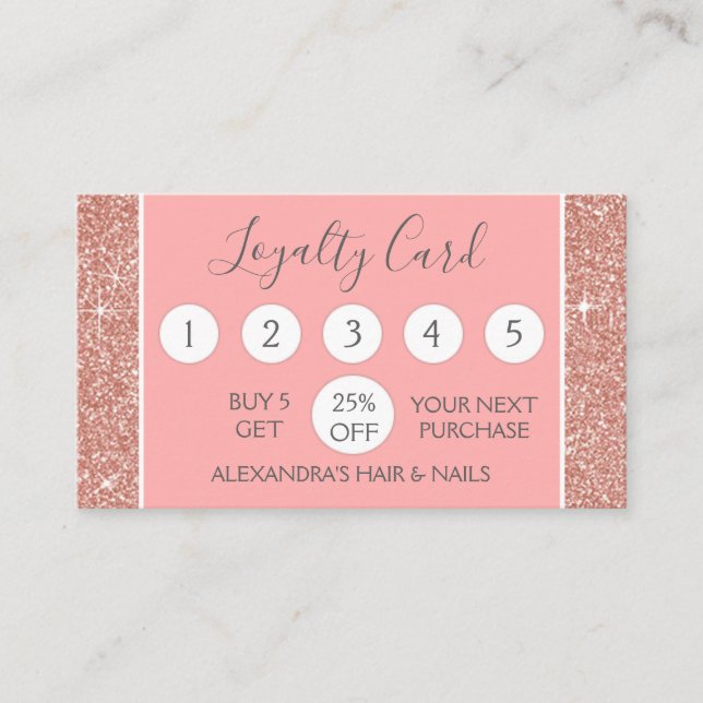 Rose Gold Glitter and Sparkle Girly Loyalty Punch Card (Front)