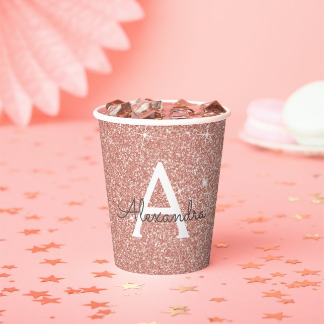 Rose Gold Glitter and Sparkle Monogram Paper Cups (Insitu)