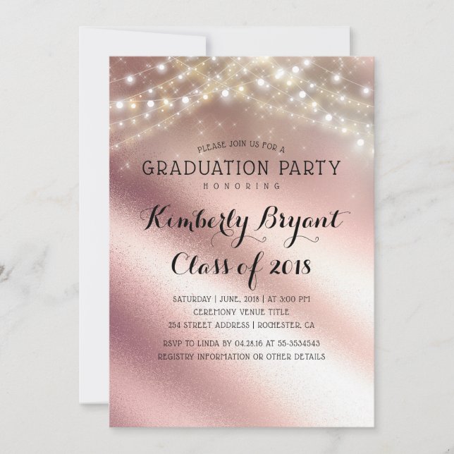 Rose Gold Glitter and Sring Lights Graduation Invitation (Front)