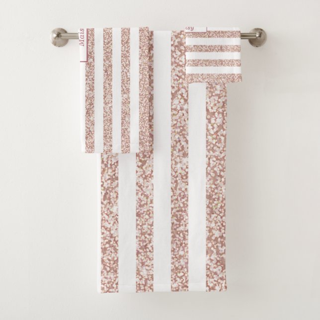 Rose Gold Glitter and White Striped Personalised Bath Towel Set (Insitu)