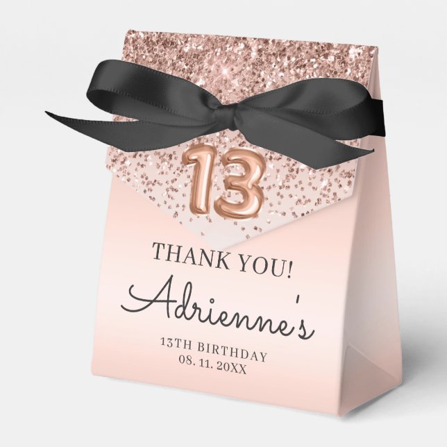 Rose Gold Glitter Balloon 13th Birthday Thank You  Favor Box (Front Side)