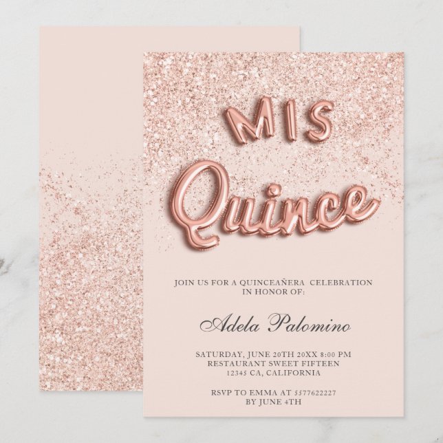Rose gold glitter balloons chic blush Quinceañera Invitation (Front/Back)