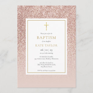 Rose Gold Glitter Baptism Christening Invitation