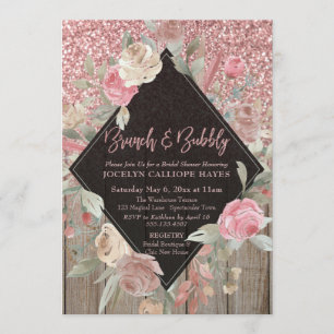 Rose Gold Glitter Barn Wood Floral Brunch & Bubbly Invitation
