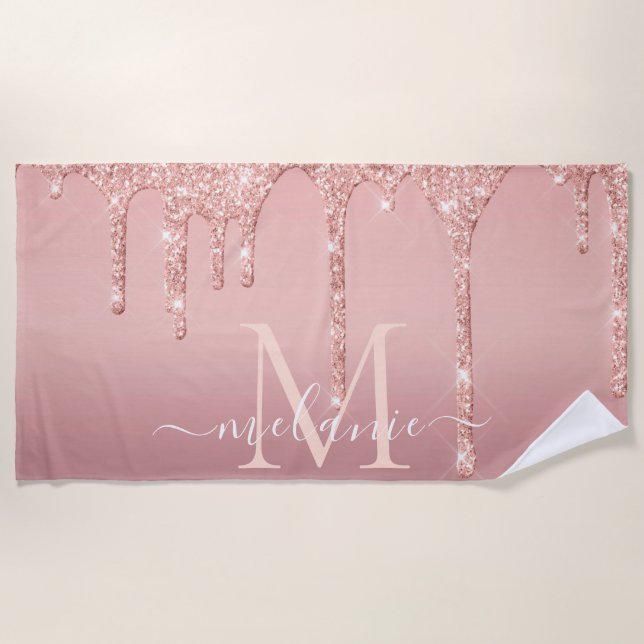 Rose Gold Glitter Beach Towel Custom Name Letter (Front)