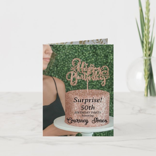 Rose Gold Glitter Birthday Cake 50th Birthday Invitation (Front)