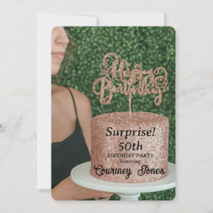 Rose Gold Glitter Birthday Cake 50th Birthday Invitation