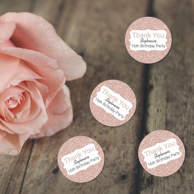 Rose Gold Glitter  Birthday Thank You Classic Round Sticker (Creator Uploaded)