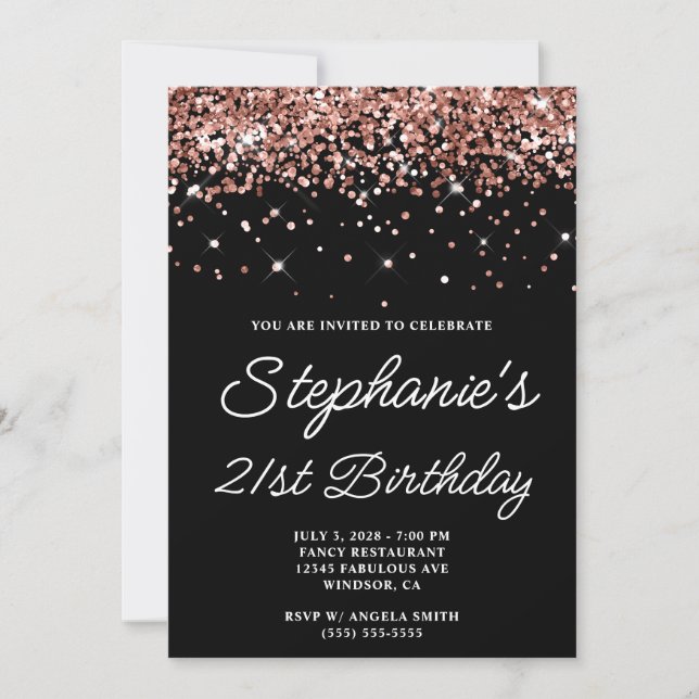 Rose Gold Glitter Black 21st Birthday Invitation (Front)