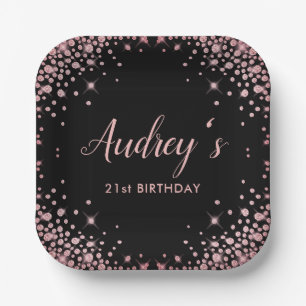 Rose Gold Glitter Black 21st Birthday Monogram Paper Plate