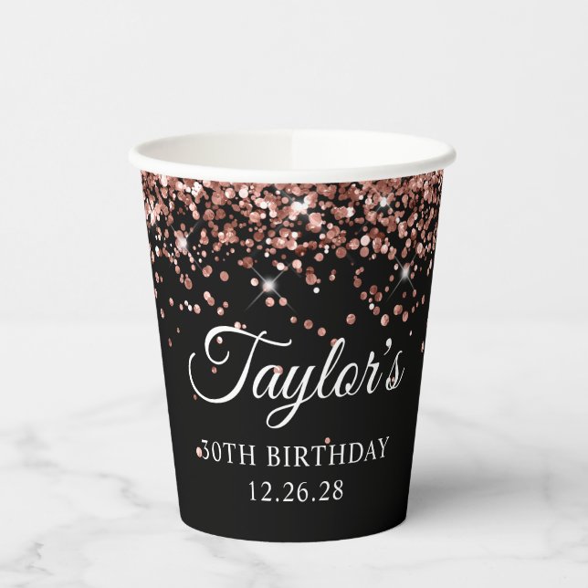 Rose Gold Glitter Black 30th Birthday Paper Cups (Left)