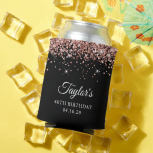 Rose Gold Glitter Black 40th Birthday Can Cooler