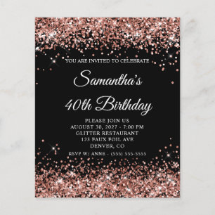 Rose Gold Glitter Black 40th Birthday Invite Flyer