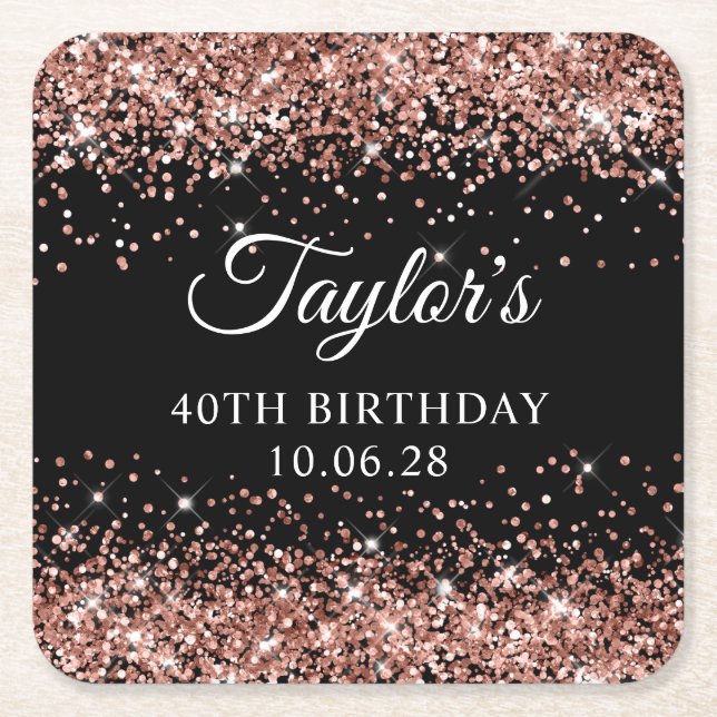 Rose Gold Glitter Black 40th Birthday Square Paper Coaster (Front)