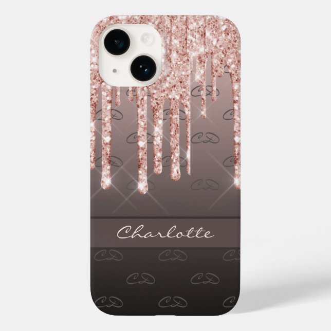 Rose gold glitter black brown monogram name Case-Mate iPhone case (Back)