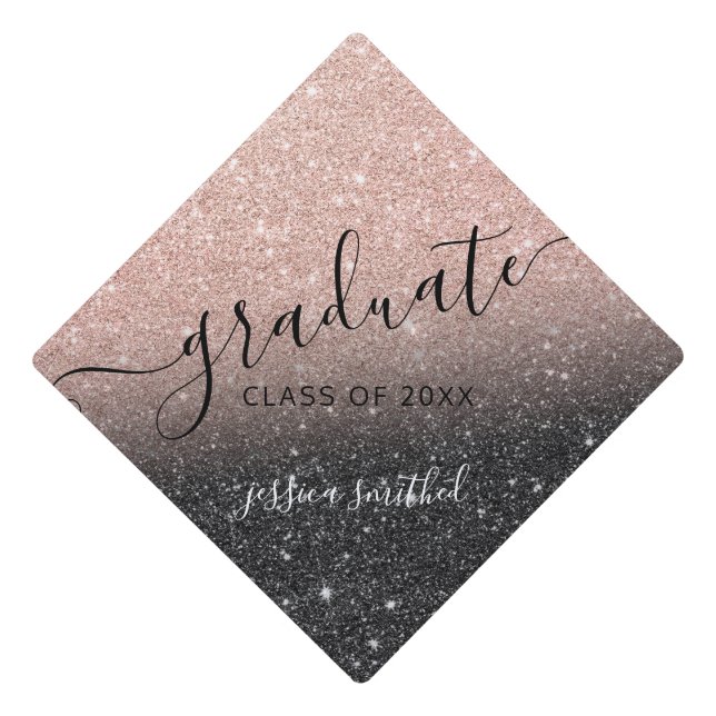 rose gold glitter black chic typography graduate graduation cap topper (Front)