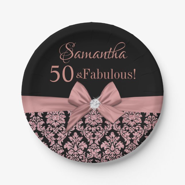 Rose gold glitter black damask bow 50th Birthday Paper Plate (Front)