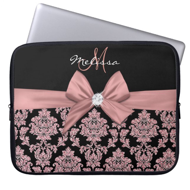 Rose gold glitter Black Damask, Bow, Diamond Laptop Sleeve (Front)